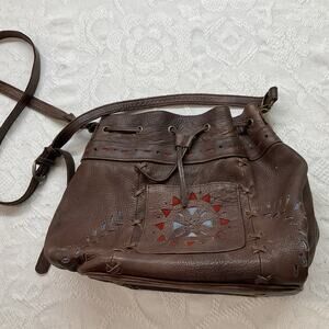 Kobler Real Leather Cross Body Purse Bag Brown Hippy Boho Sunburst Pattern